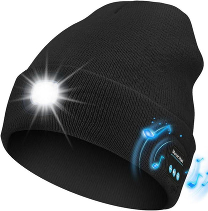 Bluetooth Beanie with Light, Unisex USB Rechargeable 4 LED Fashlight Hat with Cordless Headphones, Unique Christmas Birthday Gifts for Men Husband Teen Warm Beany Knit Balaclava Outdoor Activities Skull Cap Cycling Spider Web Sport Lightweight Sweat