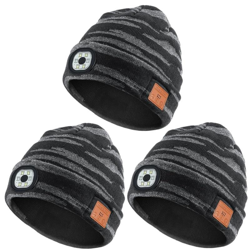 Bluetooth Beanie with Light, Unisex USB Rechargeable 4 LED Fashlight Hat with Cordless Headphones, Unique Christmas Birthday Gifts for Men Husband Teen Warm Beany Knit Balaclava Outdoor Activities Skull Cap Cycling Spider Web Sport Lightweight Sweat