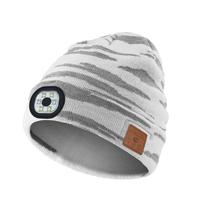 Bluetooth Beanie with Light, Unisex USB Rechargeable 4 LED Fashlight Hat with Cordless Headphones, Unique Christmas Birthday Gifts for Men Husband Teen Warm Beany Knit Balaclava Outdoor Activities Skull Cap Cycling Spider Web Sport Lightweight Sweat